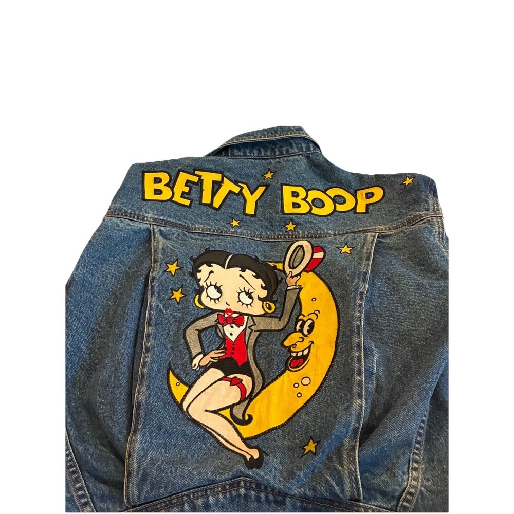 Vtg 90s American Toons Excelled Betty Boop Moon Denim Trucker Jacket XS Boxy